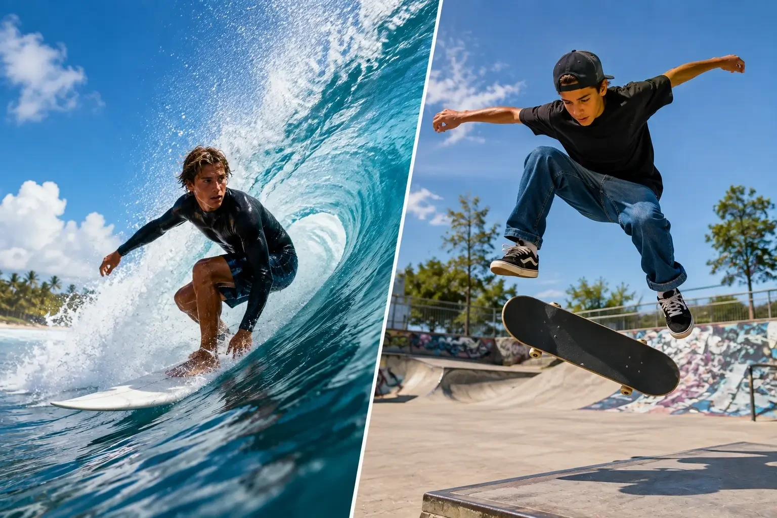 Surfer riding a wave beside a skateboarder performing an aerial trick, highlighting the creativity and action of board sports.